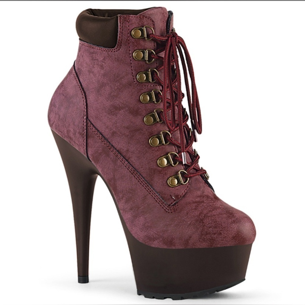 🦋B2G1🦋PLEASER 6" Heel Burgundy Nubuck Faux Leather LaceUp Platform Stiletto Boot